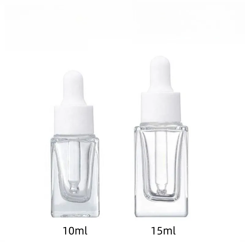 Klare, quadratische Tropfflasche aus Glas, Parfümflasche für ätherische Öle, 15 ml, mit weiß/schwarz/gold/silberner Kappe JL1843