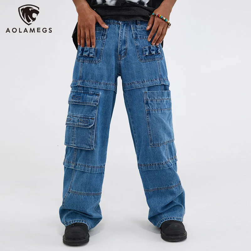 Jeans pour hommes High Street asymétrique grande poche plaquée droite Denim pantalon pour hommes surdimensionné fausse ceinture pantalon délavé et femmes 230809