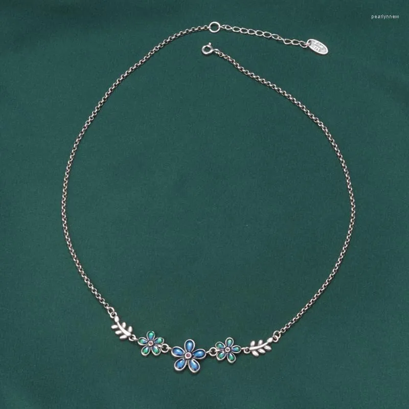 Chains RetroSen Silver Color Drip Glue And Oil Drop Craft Small Flower Necklace Vintage Leaves Collar Chain Short Jewelry