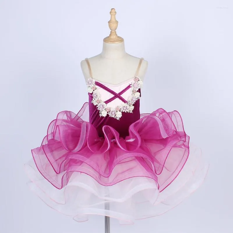 Stage Wear Roze Fluwelen Bloem Ballet Tricot Prestaties Dans Jurk Professionele Competitie