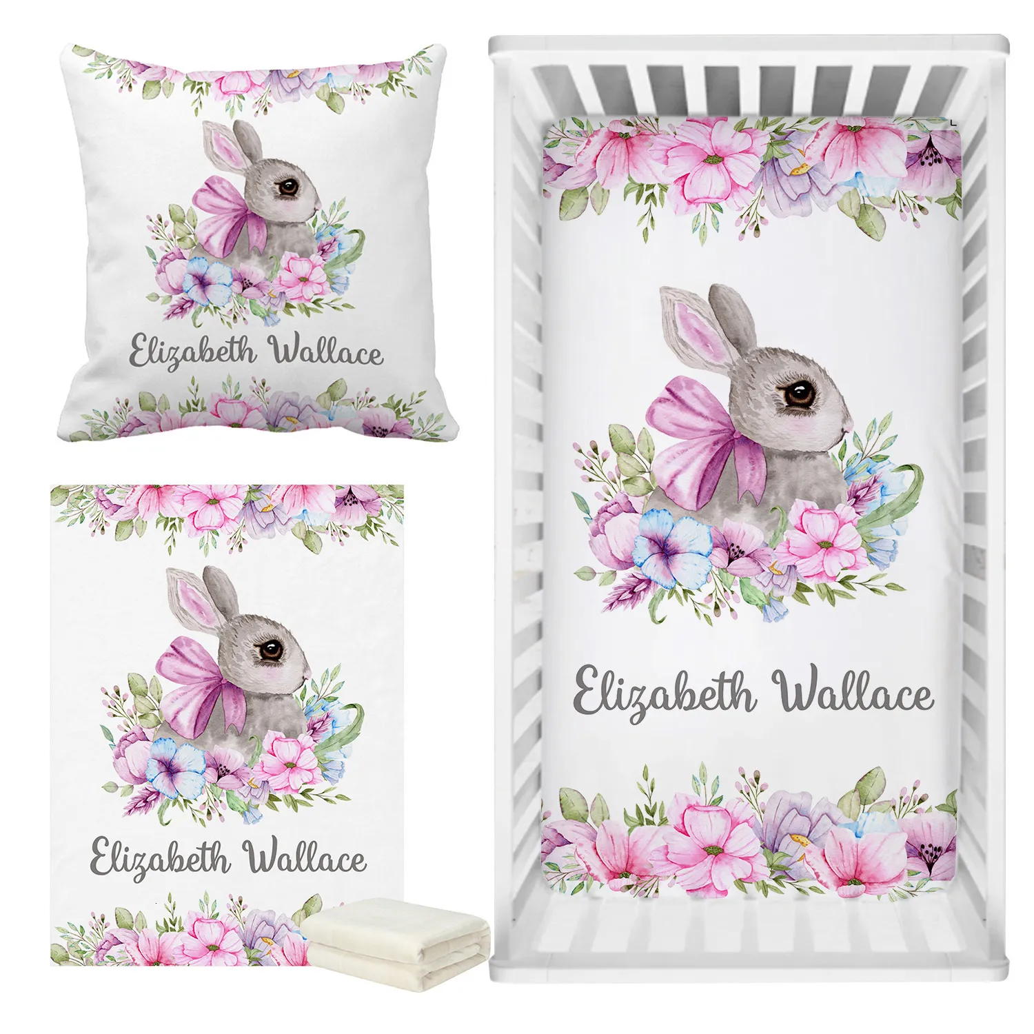 Постилочные наборы Lvyziho Pink Purple Floral Bunny Custom Название кроличьи постельные принадлежности для детского душа набор для подарочных постельных принадлежностей 230809