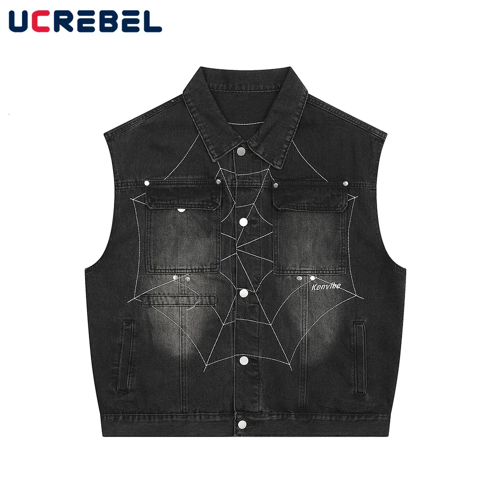 Herren Jacken Spider Web Distressed Ärmellose Jacke Hip Hop Stickerei Denim Lose Oberbekleidung 230808