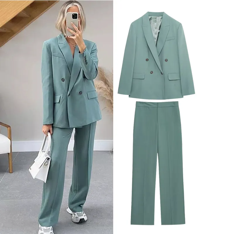 Dwuczęściowe spodnie Traf Spring Sets 2023 Suits Chic Slim Women dwuczęściowy zestaw Blazer prosta impreza młodzież 2 -częściowy zestaw 230809