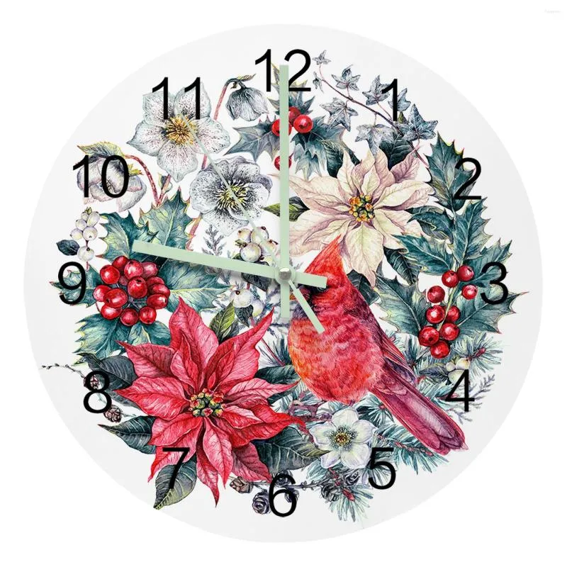 Wall Clocks Christmas Poinsettia Robin Large Round Luminous Needles Clock Decor Room Hanging Ornaments Decoration Silent