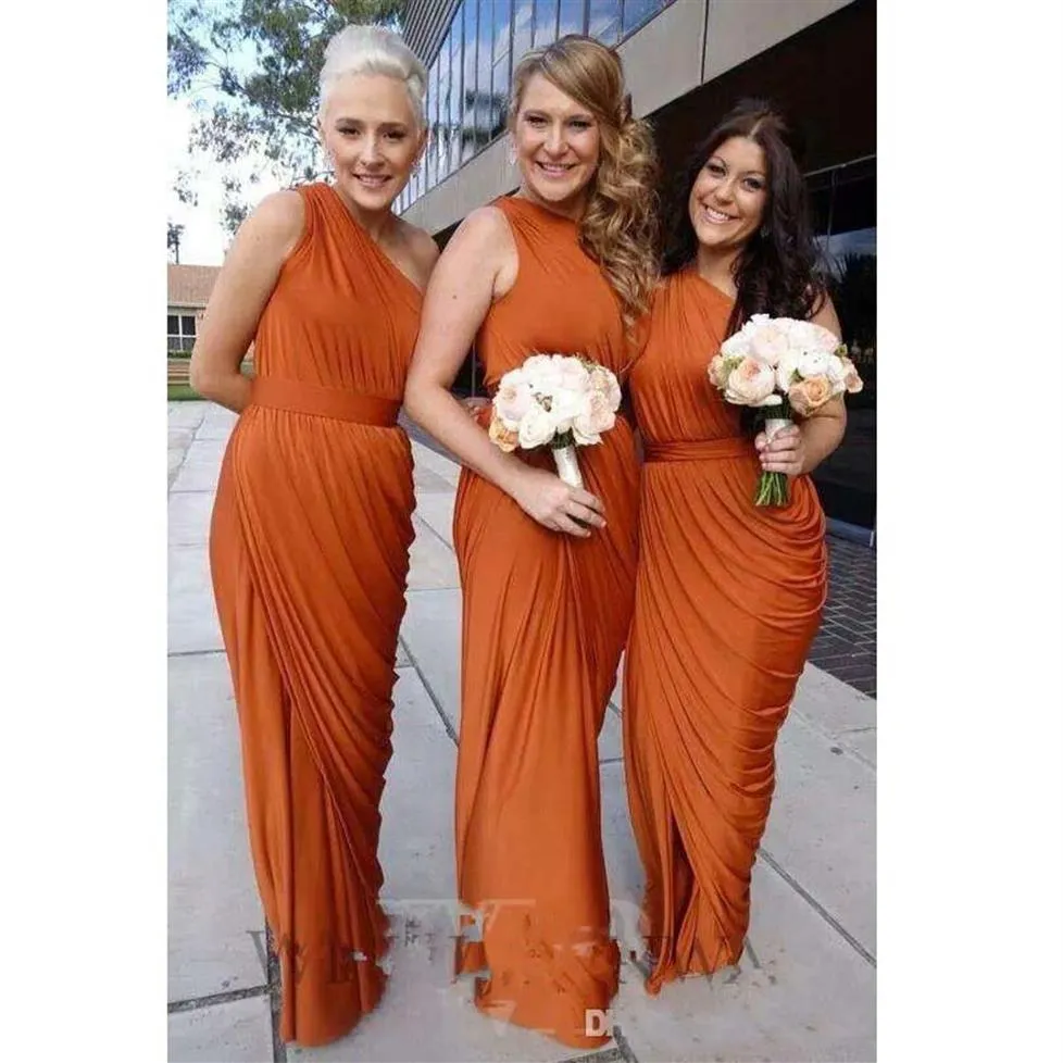 Brautjungfernkleider in gebranntem Orange 2017, drapiertes Kleid mit einer Schulter, lange Trauzeugin-Kleider mit Schlitz274n