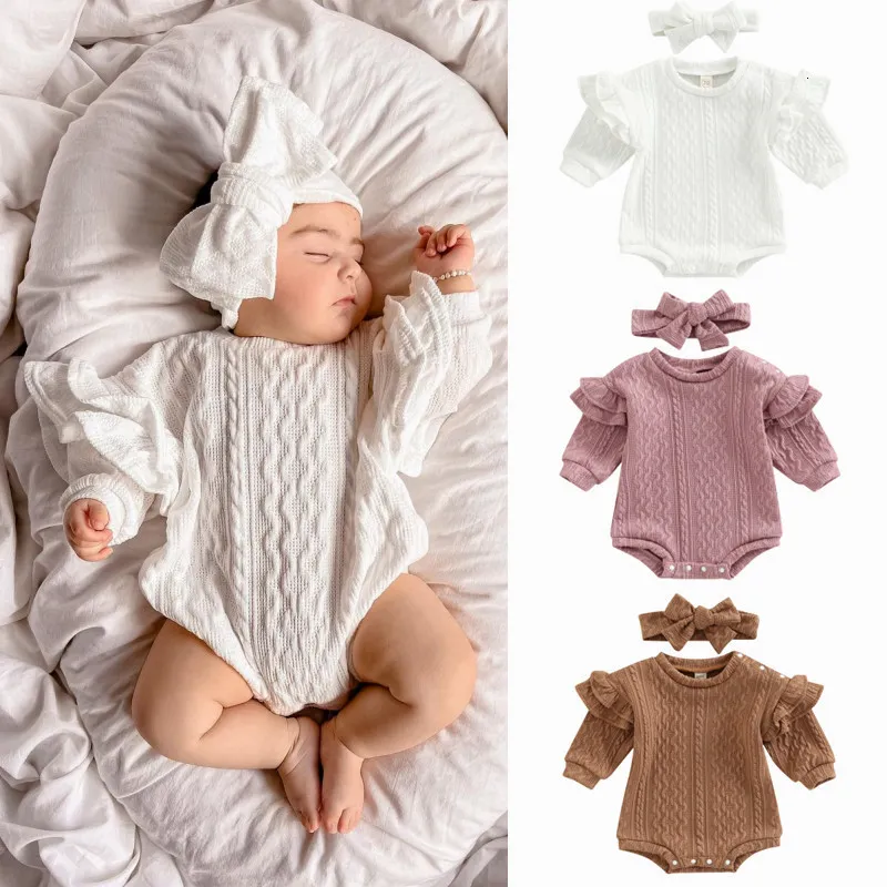 Vest 024M Baby Trui Romper Jongens Meisjes Herfst Winter Kleding Ruche Lange Mouwen Gebreide Hoofdband Geboren Peuter Knitwear 230808