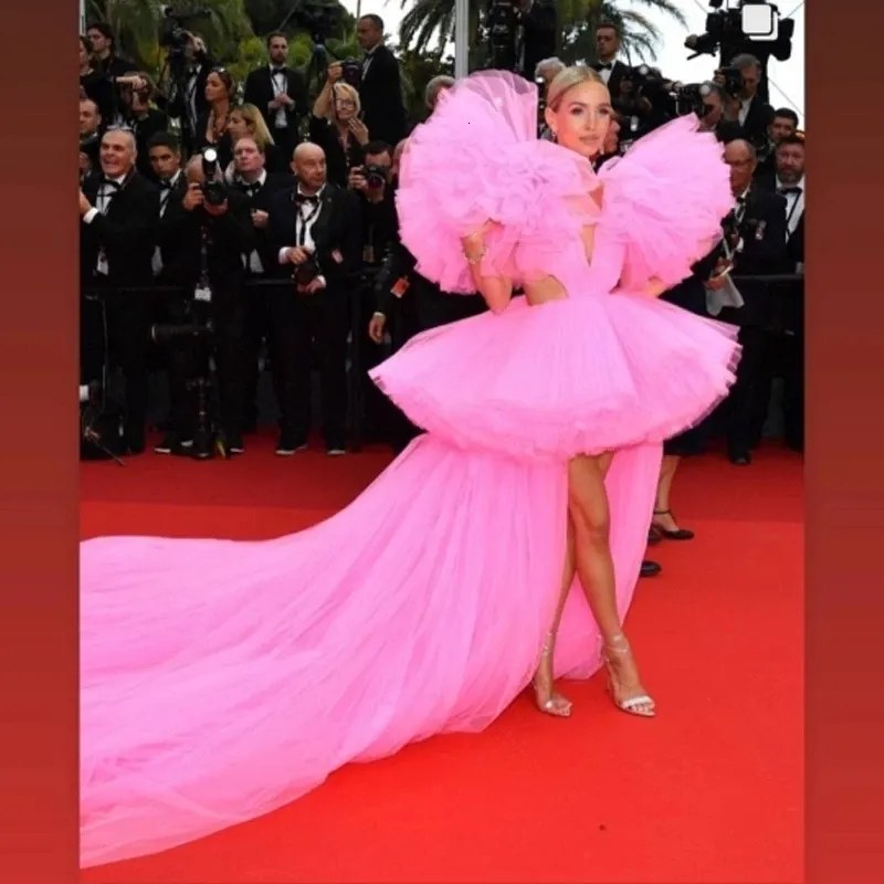 Pink Tulle Prom Dress - High Low Gown, Lush Sleeves, Sexy Red Carpet Style,  Long Women's Evening Dress, Urban Fashion
