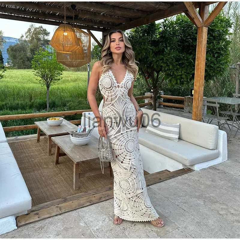Womens Beige Crochet Maxi Dress Hollow Out Sleeveless Knitted Beach Party  Dress 2024 From Lianwu06, $14.67 In Bulk | DHgate.Com