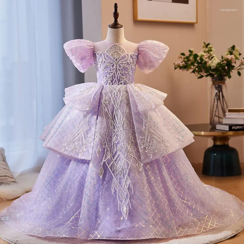 Robes de fille enfant violet longueur au sol robe en tulle exquise princesse manches bouffantes paillettes en mousseline de soie perles à lacets robes
