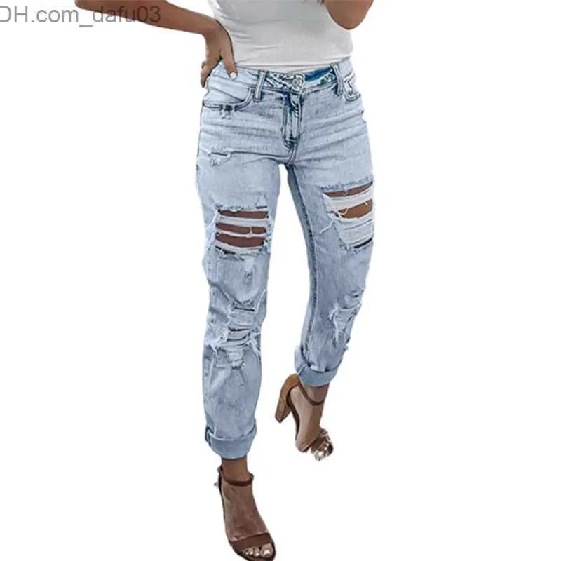 Women's Pants Capris Women's Hollow Waist Button Spliced Jeans Summer Trend Street Fit Women's Slim Fit Jeans Casual Light Blue Casual Pants Z230809