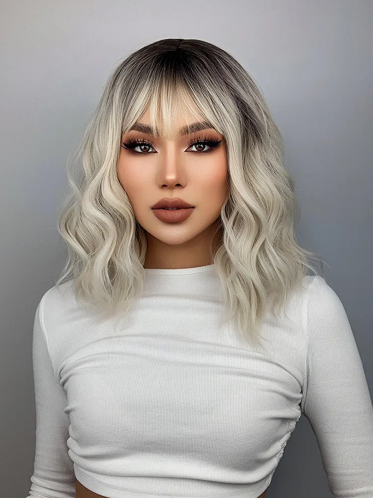 Ombre Blonde Short Bob Синтетический парик для женщин с челкой белое золото