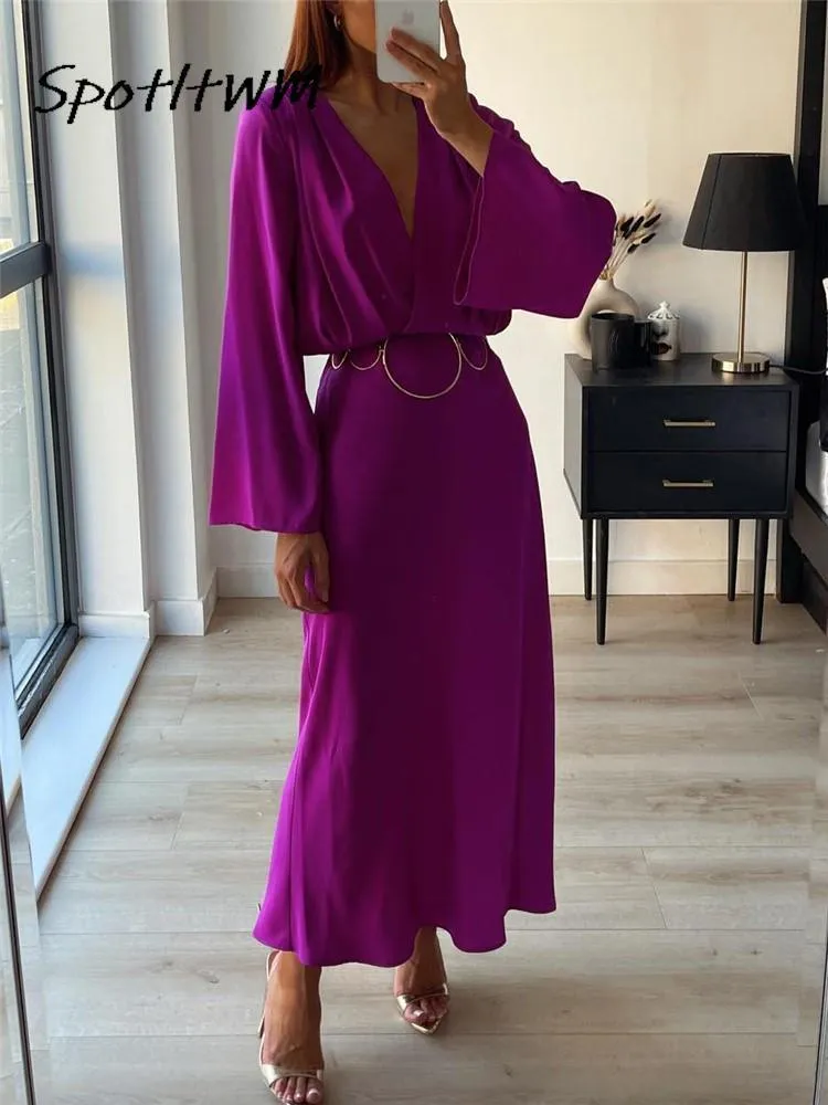 Urban Sexy Dresses Flare Sleeve Solid Purple V Neck Long Dresses A-line Elegant High Waisted Loose Midi Dress Woman Casual Ladies Vestidos 230808