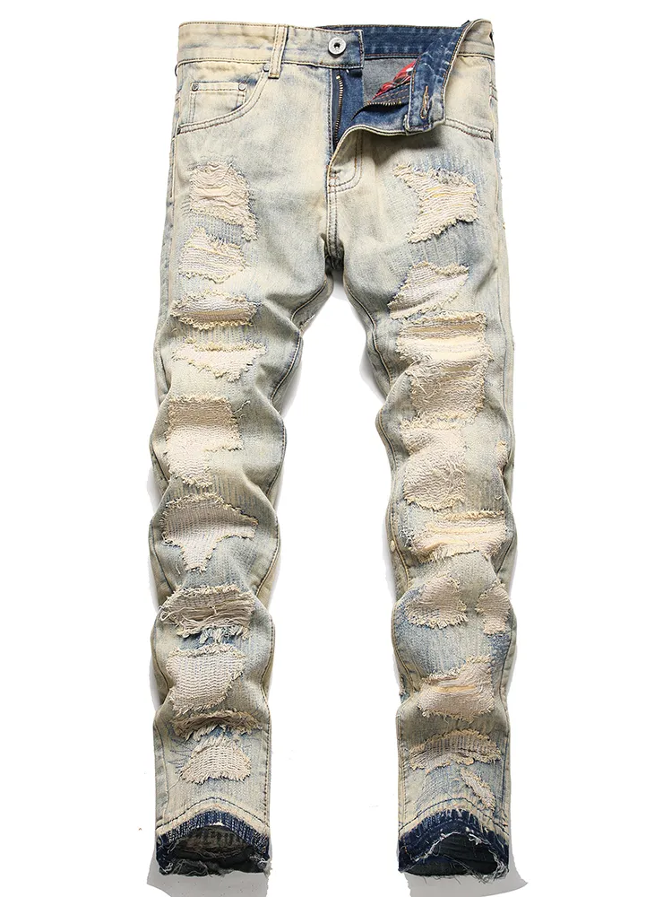 Retro Blue Ripped Patchwork Jeans For Men Embroidery Slim-Fit Straight Denim Pants Distressed Patches Trousers