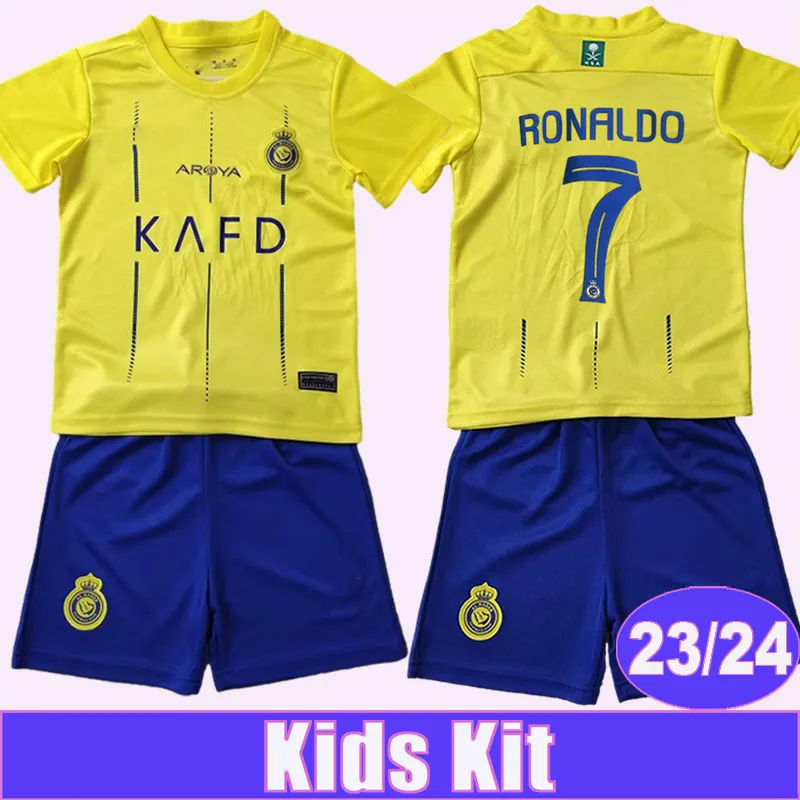 23 24Al Nassr FC Kids Kit Camisas de Futebol RONALDO Home Versão Amarela Camisa de Futebol Criança Terno Uniformes