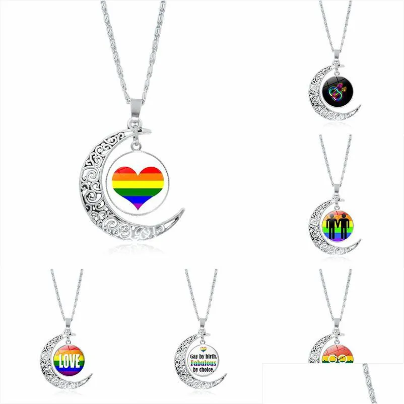 Pendant Necklaces New Rainbow Lgbt Gay Pride Moon Necklace For Women Men Love Glass Cabochon Chains Fashion Jewelry Gift Drop Delivery Dhui2