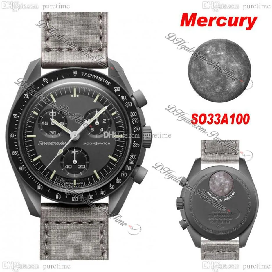 Bioceramic Moonswatch Swiss Quqrtz Chronograph Mens Watch SO33A100 Mission To Mercury 42mm Real Black Ceramic Metallic Grey Nylon 232i