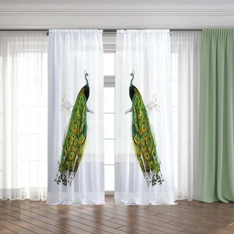 Curtain 2Pcs Sheer Peacock Printed 52 Inch X 72 Rod Pocket Window For Bedroom