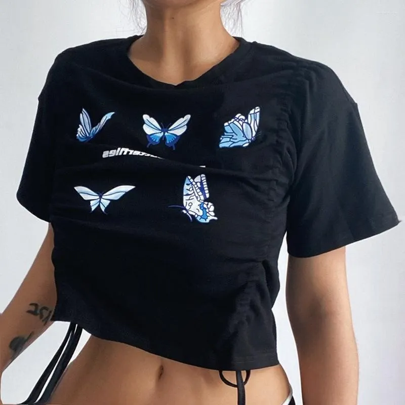 Damen T -Shirts Mode Schmetterling gedruckt Navel Crop Top Frauen O Hals lose Kurzarm Drawess T -Shirt Sommer Casual Sports