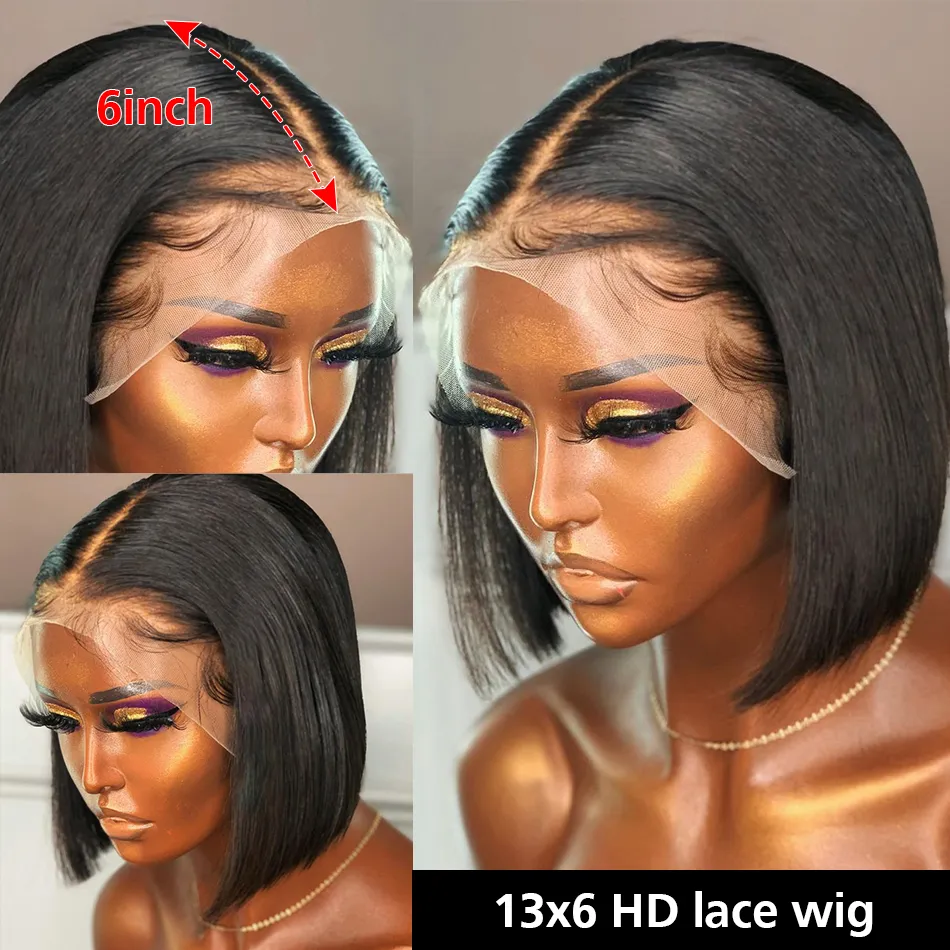 13x6 Transparent Bob perruque de cheveux humains pré plumé brésilien Remy 180% court os droit 4x4 Bob dentelle fermeture perruque pour les femmes