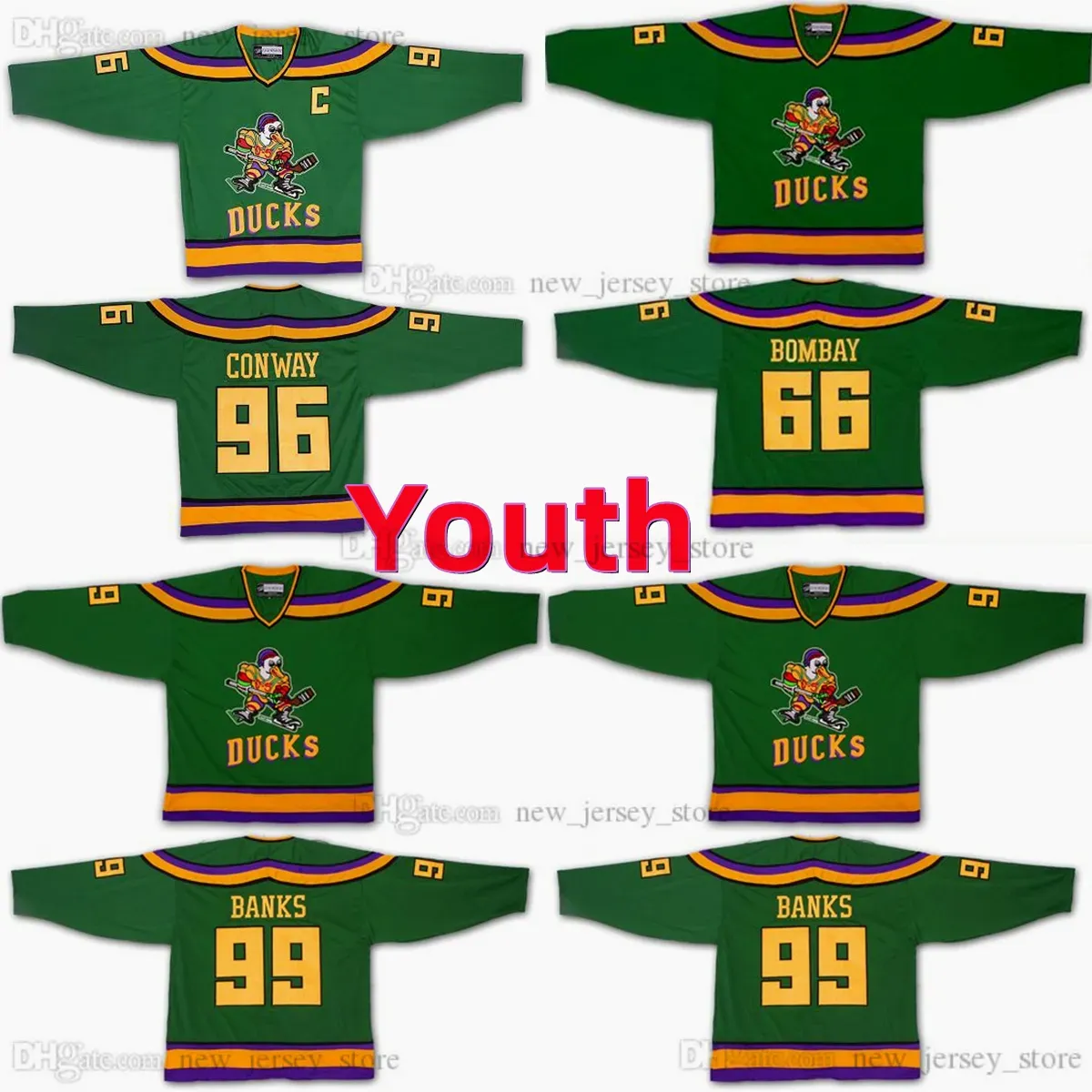 Anaheim''Ducks'' personalizzato donna uomo Youth Kids Mighty Ducks Movie Hockey Jersey 96 Charlie Conway 99 Adam Banks 66 Gordon Bombay maglie cucite verde