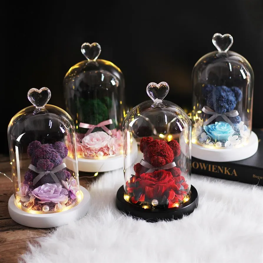 Teddy Bear Rose Flowers In Glass Dome Christmas Festival DIY Cheap Home Wedding Decoration Birthday Valentine's Day Gifts289P