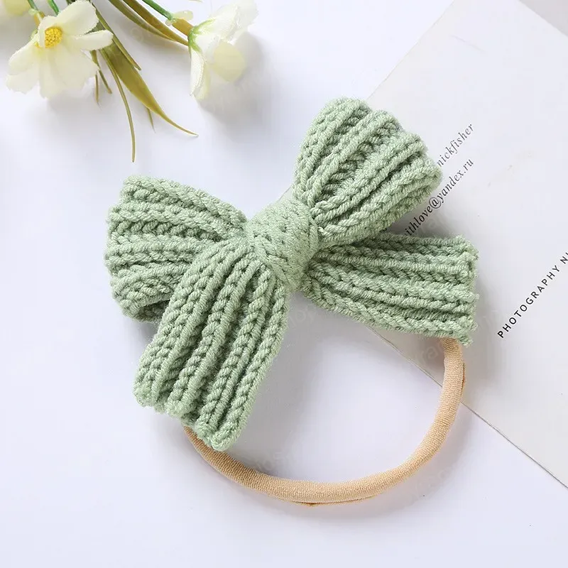 Cute Knitting Wool Bowknot Elastic Hairband Infant Solid Color Crochet Bows Nylon Headband Children Headwear Birthday Gift