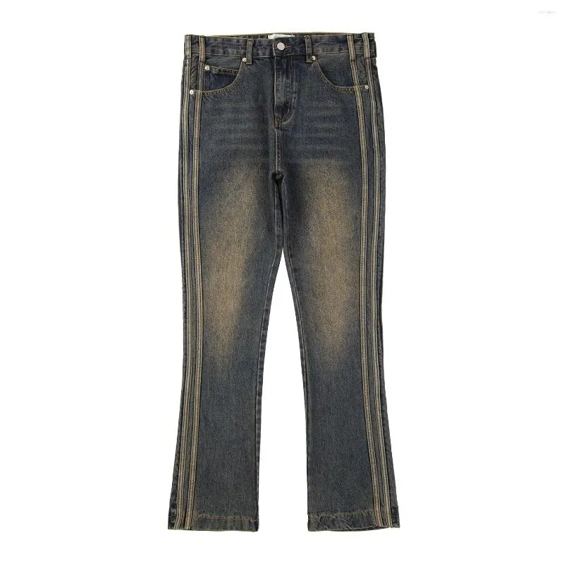 High Men's Jeans Street Vibe lavé rayé évasé bleu foncé en détresse en détresse rayures décontractées rayures micro pantalon mâle 7