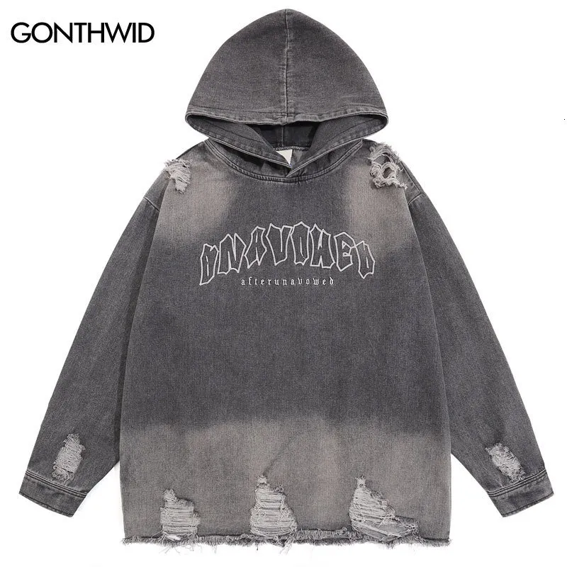 Men's Hoodies Sweatshirts Hip Hop Denim Streetwear Men Ripped Embroidery Letter Distressed Hole Hooded Jeans Jackets Punk Gothic Oversized Coats 230808