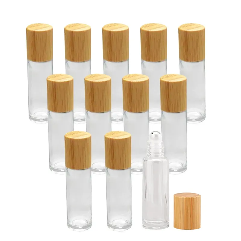 Großhandel 5 ml 10 ml mattierte Klarglas-Rollerflaschen mit Metallrollen, Kugelfläschchen für ätherische Öle mit Bambuskappe
