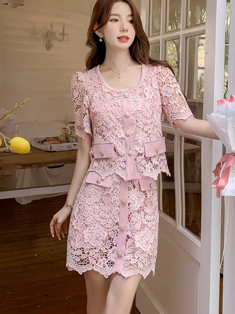 İş Elbiseleri Vintage Tek Göğüslü Pembe Dantel Etek Setleri Kadınlar İçin Kısa Kollu Bluz Gündelik Partisi 2 PCS Kıyafetler Femme Suit Yaz