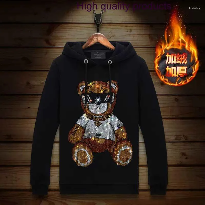 Moletons masculinos com strass 2024 urso dos desenhos animados moletons masculinos moda streetwear pulôver cinto com capuz moletom grosso roupas masculinas de inverno