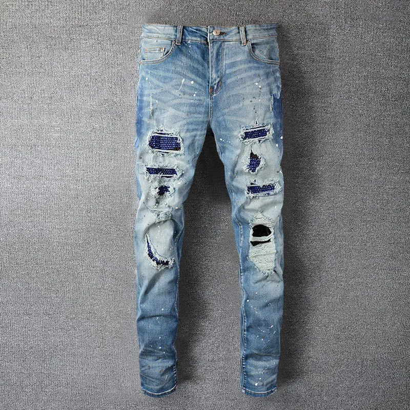 Jeans masculino azul retrô com strass street hole Stitching calça de motocicleta punk hip hop rasgado designer bootcut jeans para 230809