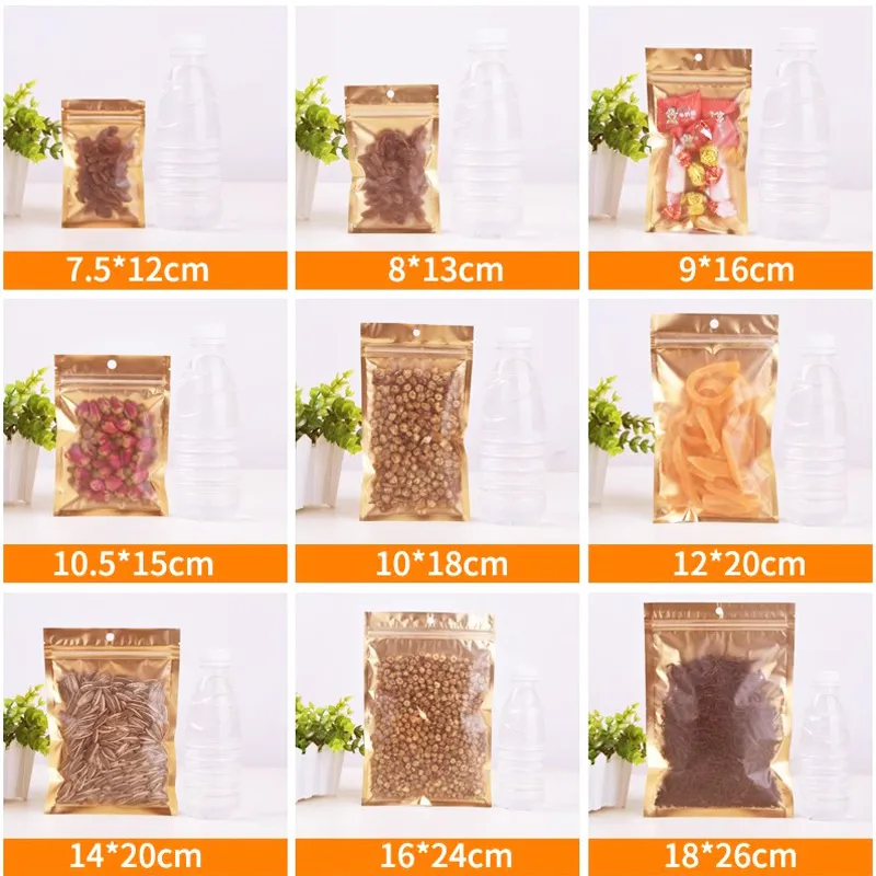 One Side Clear Plastic Seal Bag Gold Inlay Aluminum Foil Bag Coffee Herbal Tea Packaging Pouch Hot EDC Bag LZ1826