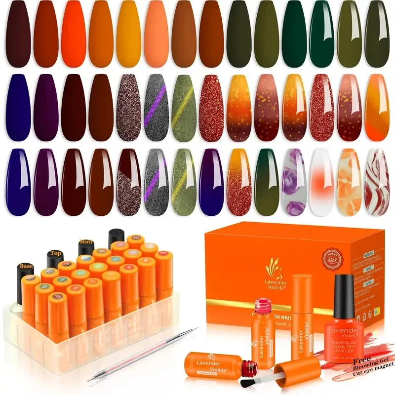 26pcs Soak Off UV LED Gel Nail Polish Kit With 21pcs Red Green Orange Color Changing Cat Eye Effect Gel Polish & Base Glossy Matte Top Coat Blooming Gel Dotting Pen Nail Art