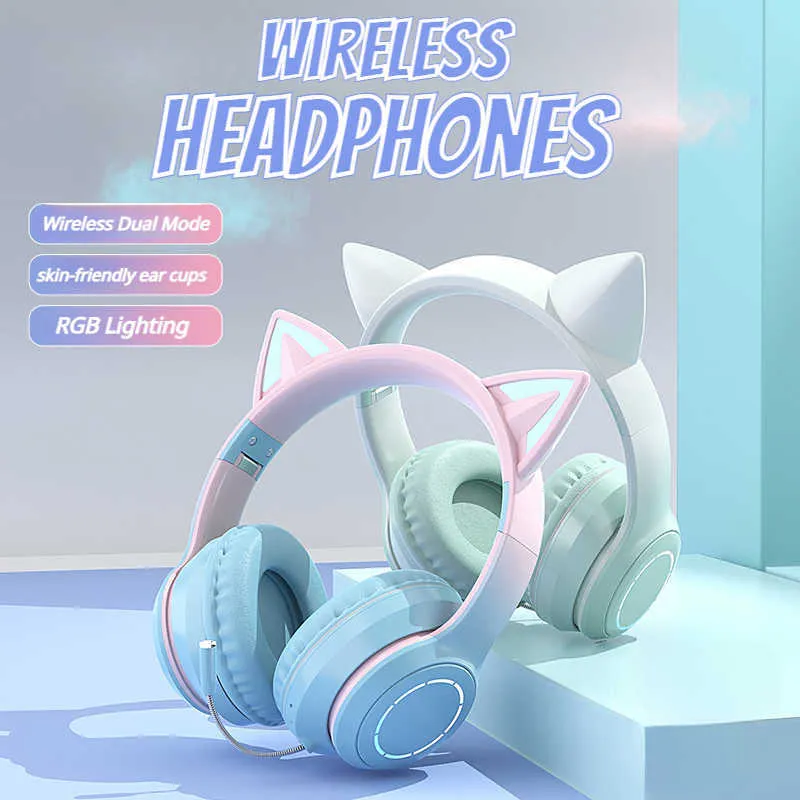 Echome trådlösa hörlurar RGB Lighting Cat Ear Bluetooth Dual Mode Cute Gaming Headset Support 3,5 mm Plug med löstagbar mic HKD230809