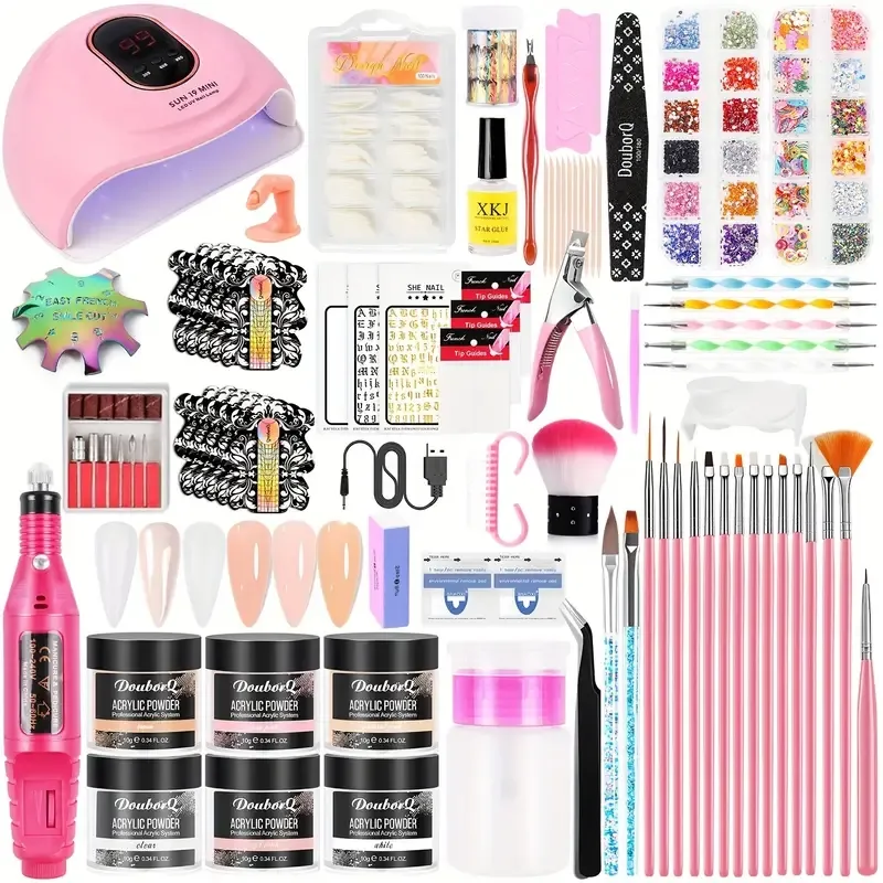 Kit complet pour ongles en acrylique avec perceuse à ongles électrique, lampe à ongles UV LED, outils de polissage Plus – Kit de démarrage parfait pour les débutants.