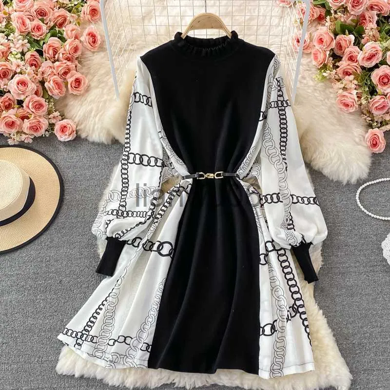 Vintage Print Knitted Patchwork Short Black Sweater dress with Half Turtleneck Sweater for Women - Autumn Casual Fashion (J2308009)