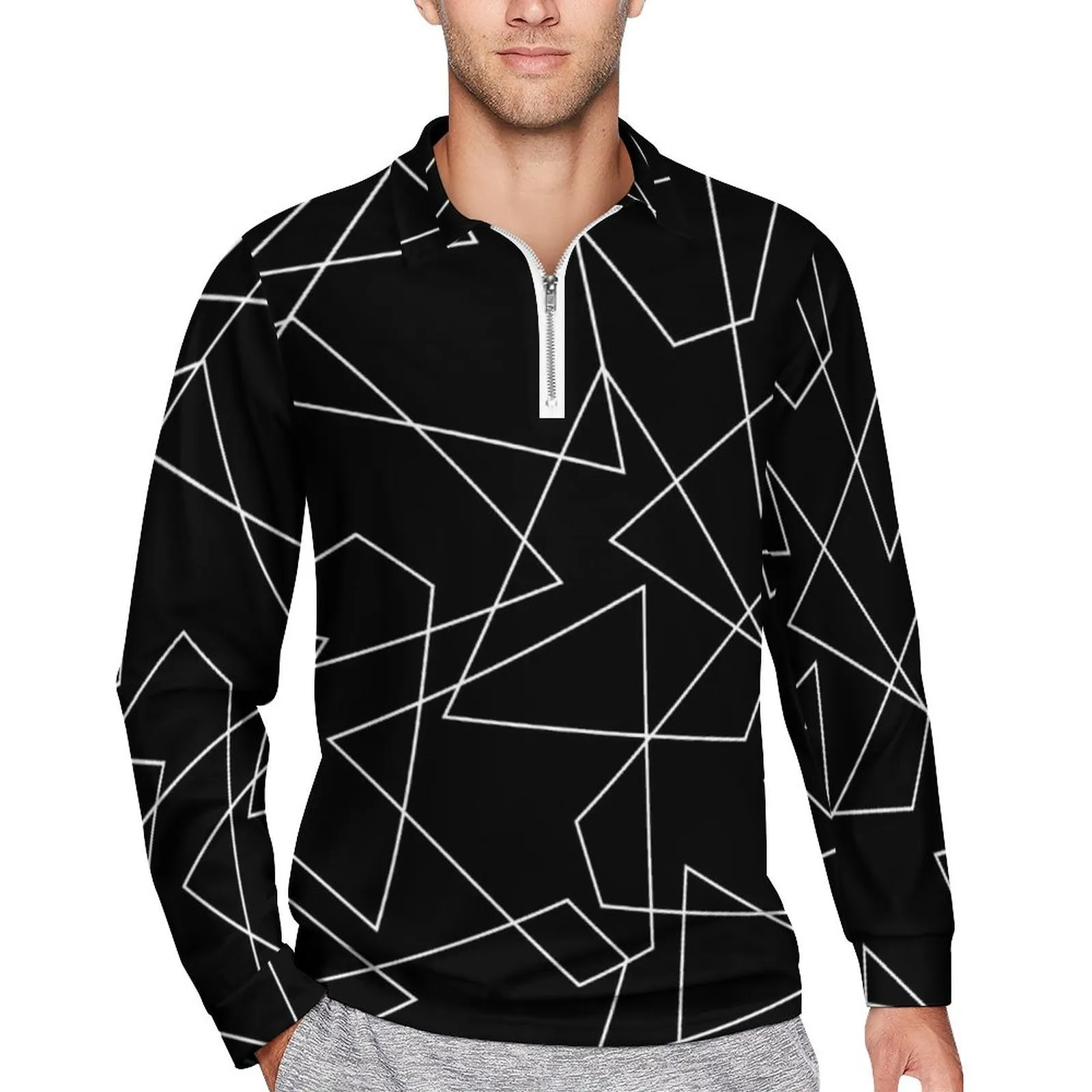 Polos Masculinos Abstrato Geométrico Camisas Polo Casuais Camisetas Brancas Estampadas Linhas Camisas de Design de Manga Longa Outono Street Style Roupas Grandes 230808