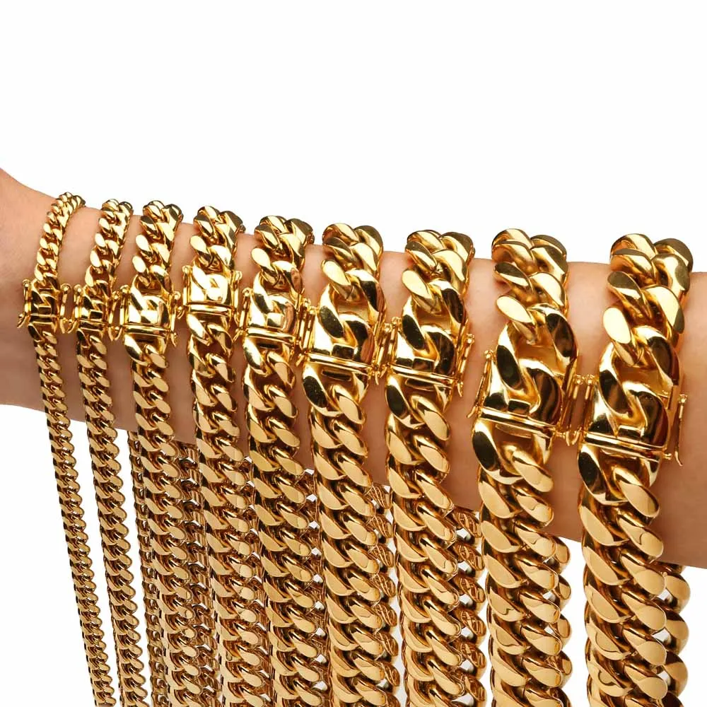 Acciaio inossidabile 316L Miami Cuban Link Chain Collane Bracciali Hip Hop Lucido placcato oro 18 carati Cast Punk Set di gioielli Catene girocollo per uomo Donna 6mm-22mm