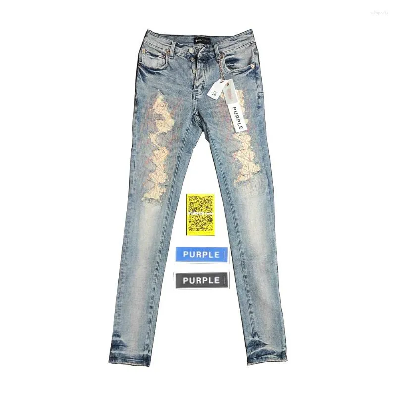 Jeans pour hommes Purple Brand Low Rise Skinny Men Jean Vintage Lt Indigo Multicolor Thread Repair