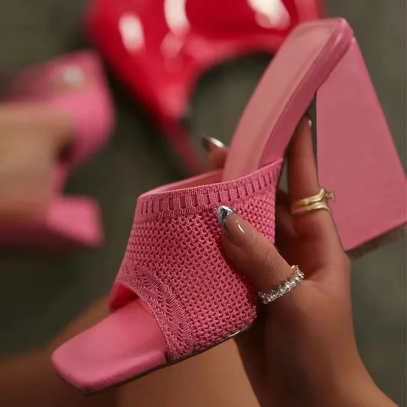 Llegada rosa liyke tela elástica triángulo tacones gruesos gruesas zapatillas de fiesta sexy sandalias de verano sandalias de verano tobogán s d