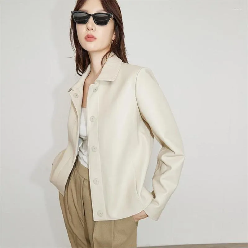 Manteau en cuir véritable pour femmes printemps automne revers bouton couvert en vrac espagne en peau de mouton court blanc/marron Jaqueta Puffer Feminina