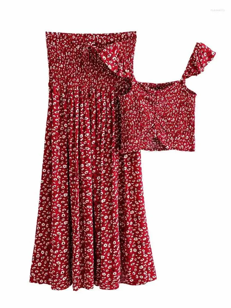 Robes de travail débardeur et jupe longue à imprimé floral rouge pour femmes ensembles assortis pour les vacances d'été