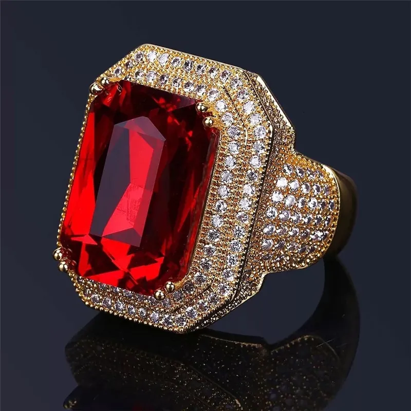 Band Rings Iced Out Hip Hop Ring Gold Color Cubic Zircon Big Red Stone Personality Fashion Men Women Jewelry Lover's Gift Z3C173 230826