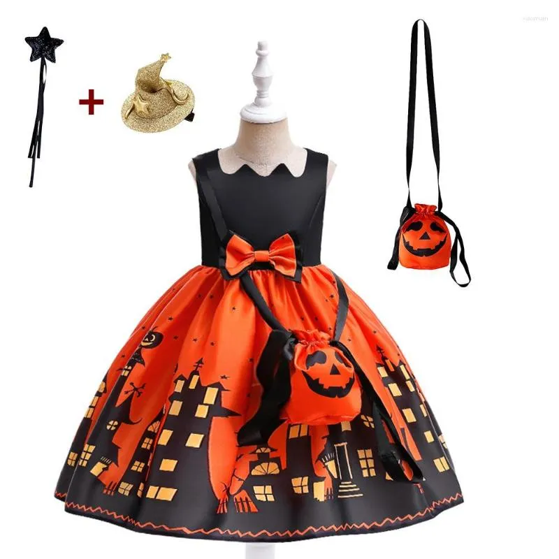 Girl Dresses Classic Kids Halloween Witch Ghost Castle Printed Short Sleeveless Cosplay Fancy Gowns Princess Children Party Outfits