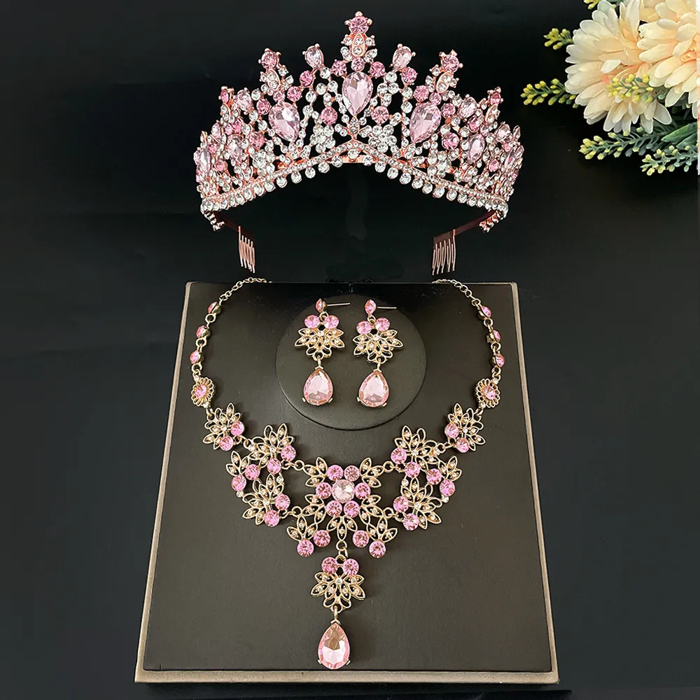 Gioielli per capelli da sposa Moda Cristallo rosa Tiara da sposa Corona Donna Regina Principessa Set di collana Set di gioielli di moda Diademi 230808