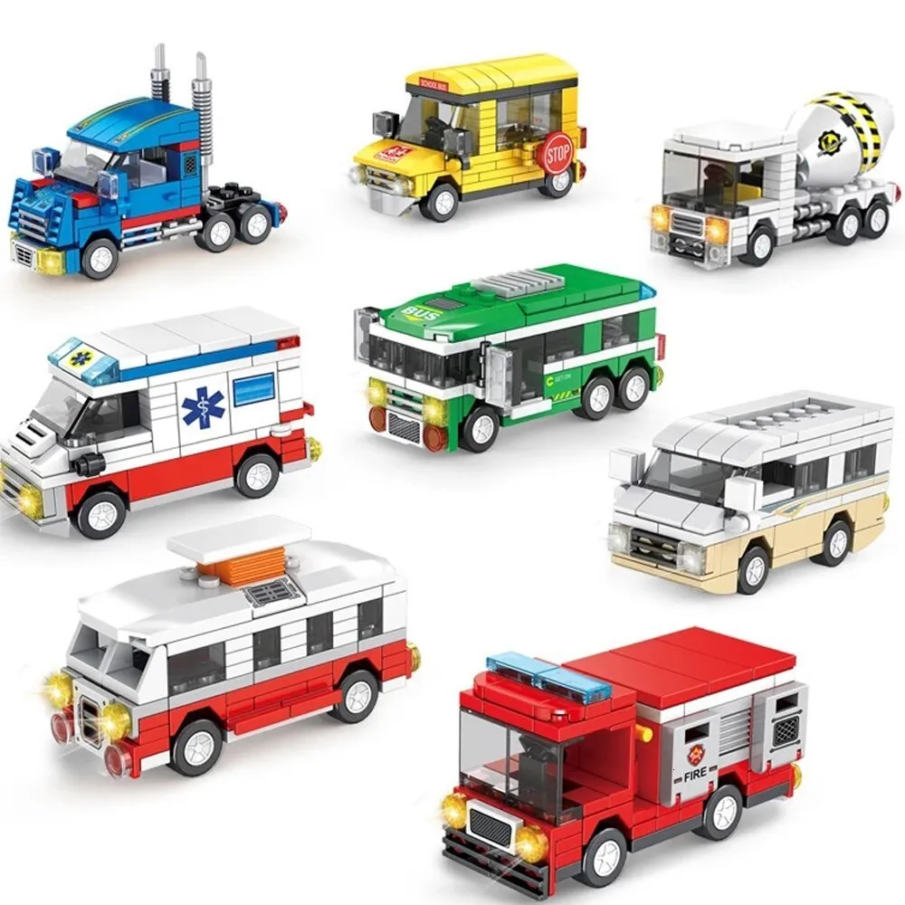 Brinquedos de transformação Robots 8 1PCS City Series Building Blocks School Bus Camper Model Truck Ambulância Tijolos Crianças Educational Assembly Toy Boy Gift 230808