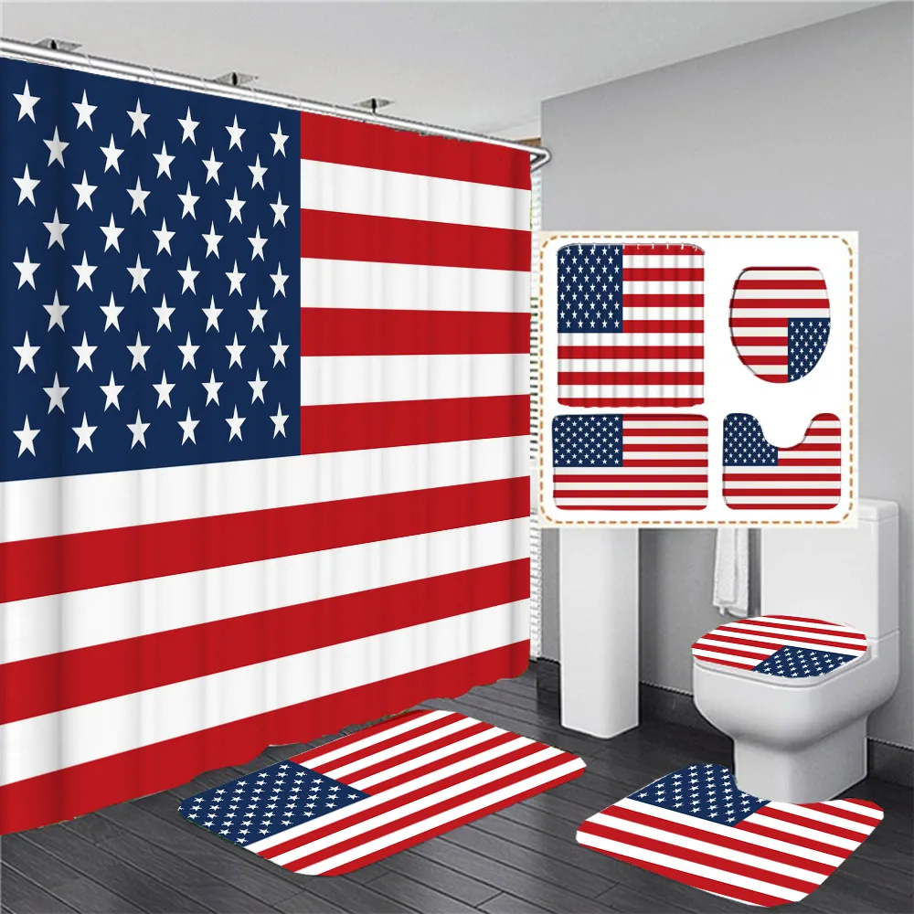 Soportes para cepillos de dientes Bandera de Estados Unidos Juegos de cortinas de ducha América Impreso Cortinas de baño Decoración de baño Cubierta de tapa de inodoro Alfombras antideslizantes Esteras 230809