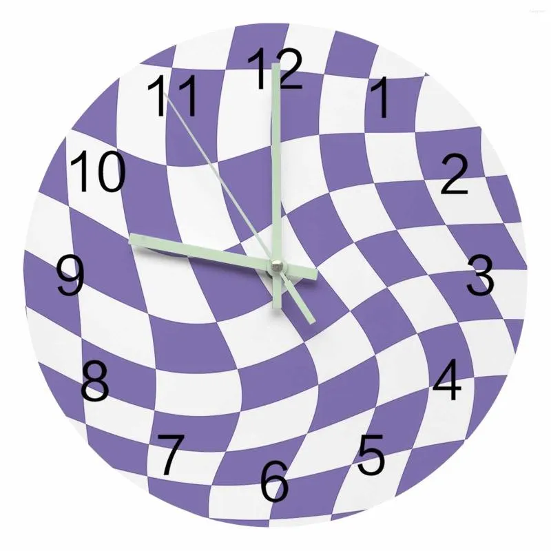 壁の時計幾何学的な格子縞の紫色の白い発光ポインター時計家の家の装飾