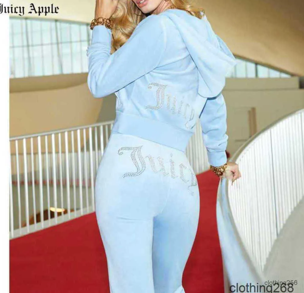 Juicy Apple Women's Tracksuits Velvet Sewing Suits Outfit Two Piece Jogging Velour Sweatshirt Met Hoodie Pants Suit Womens Y2k6